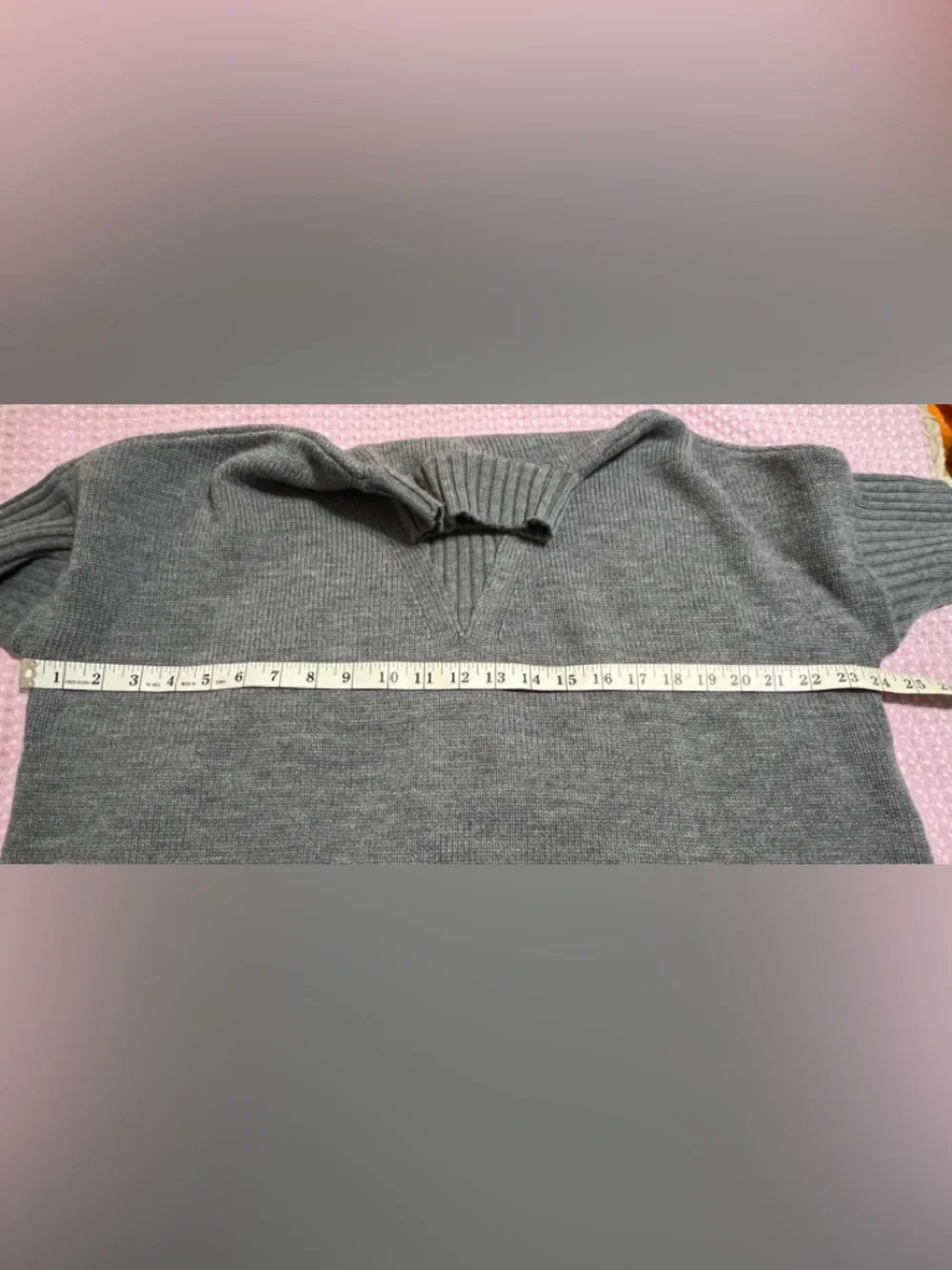 Tory Burch Heather Gray V-Neck Ribbed Sleeve Sweater